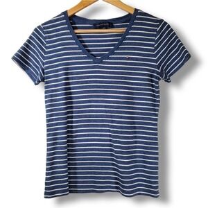 Tommy Hilfiger Striped V-Neck Short Sleeve T-Shirt Navy White Size Small